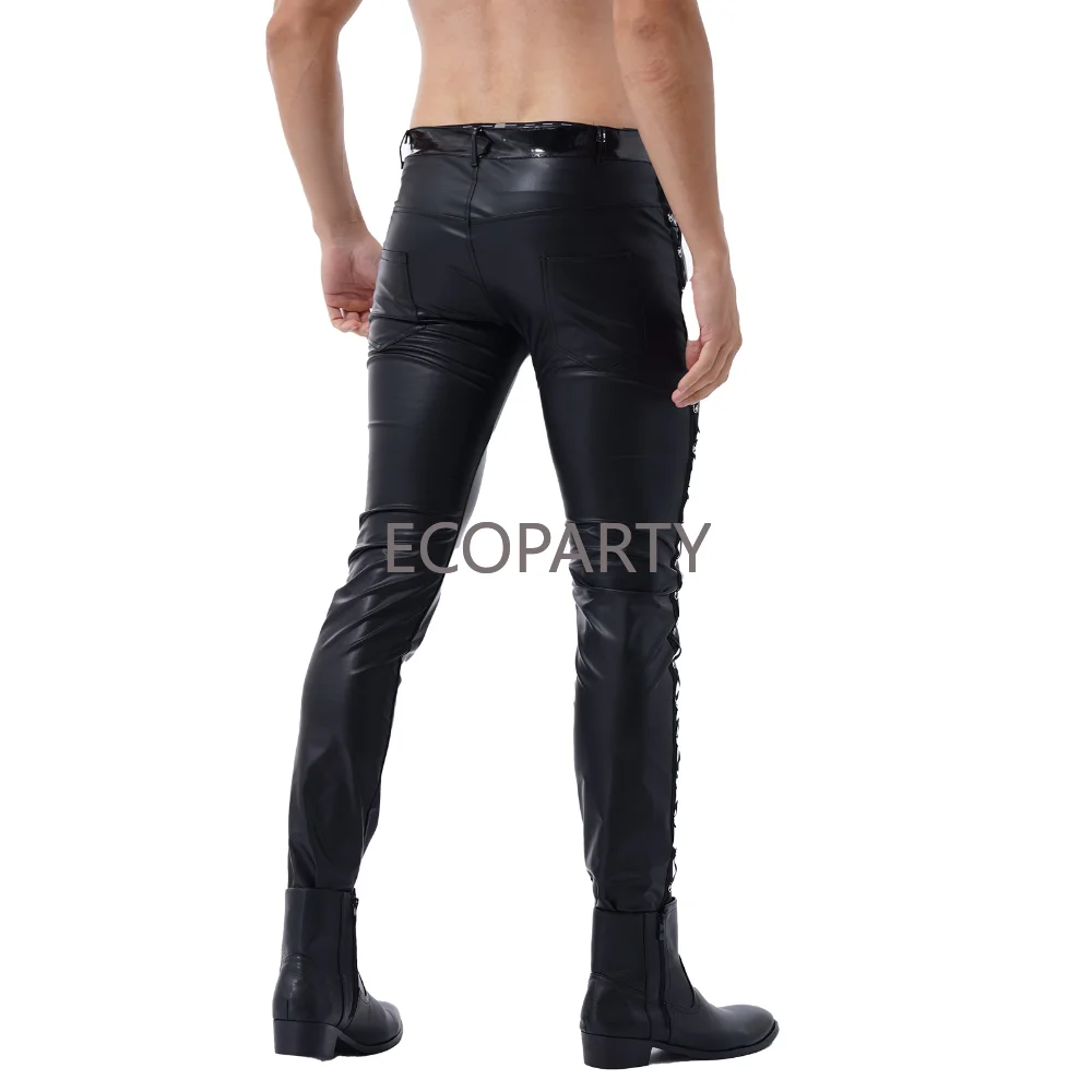 Men Latex Leather Pants Low Waist Faux Leather Shiny Pants Fashion Tight Trousers for Club Stage Show Rock Band Performance