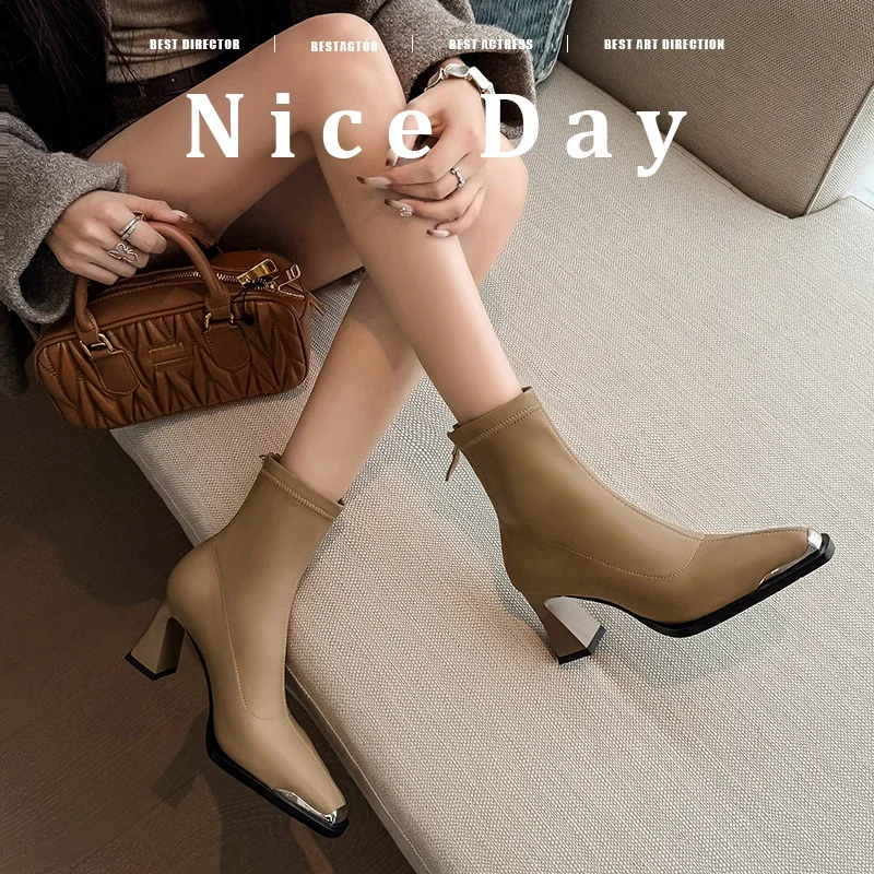 

2026 осенне-зимние женские ботильоны 22-24,5 см, эластичные металлические ботинки из микрофибры с квадратным носком, современные ботинки на высоком каблуке с молнией сзади, узкие ботинки