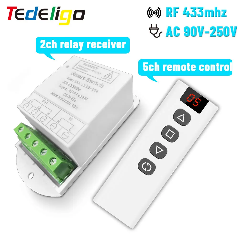 

433mhz Wireless Remote Control Switch AC 85V~250V 2CH Relay Receiver and 5CH Controller for Garage Door/Crane/Motor/lamp/Curtain