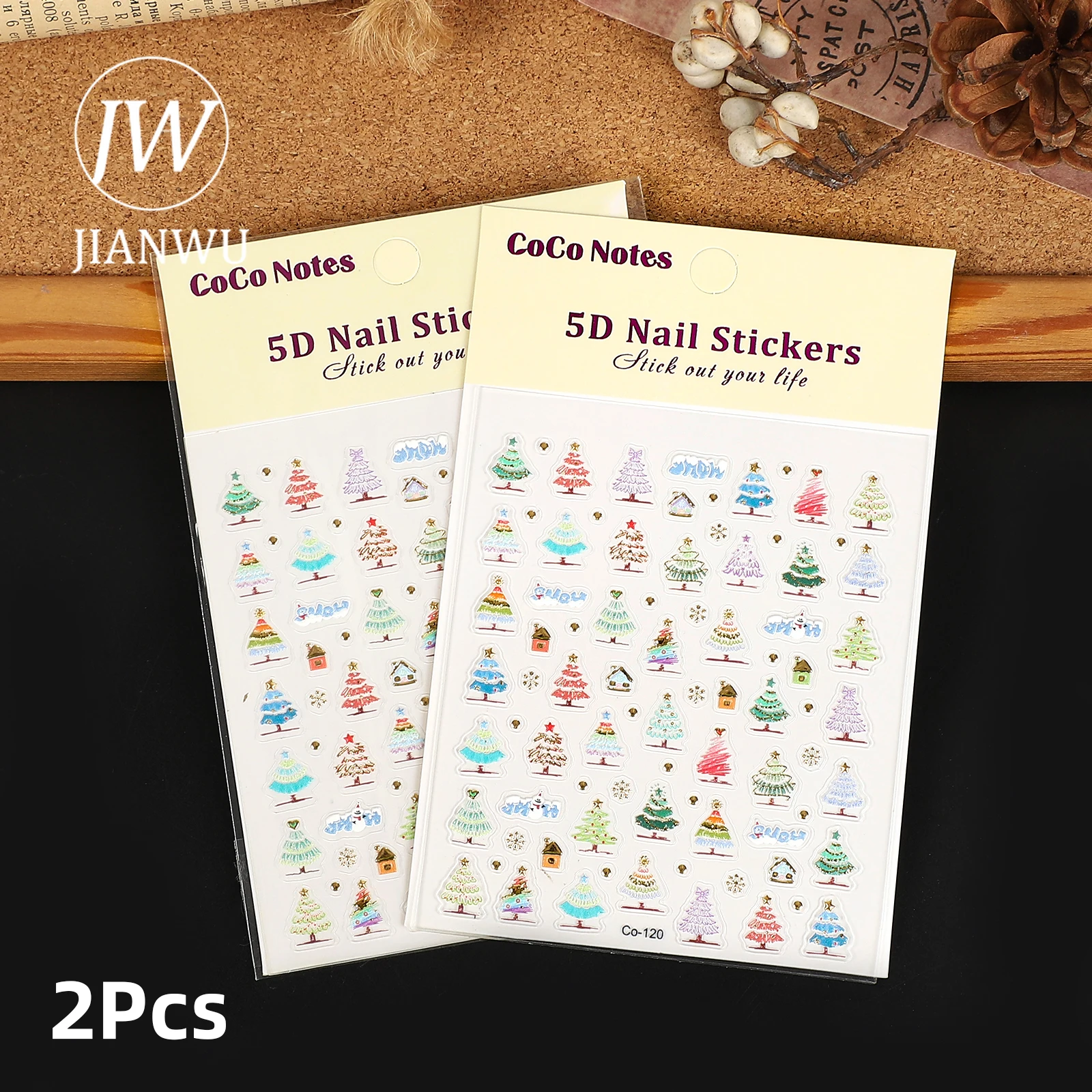 JIANWU 2 Pcs/set Kawaii Christmas Tree Landscape 5D Relief Nail Patches Material Collage Sticker Creative Journal Stationery