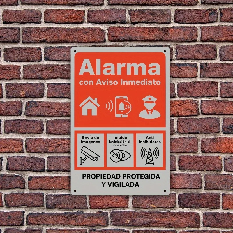 2D flaches Retro-Holzschild – 1-teiliges Set – Alarm-Schild-Design – Spanisch/Englische Version – Sicherheitswarnung Wandkunst