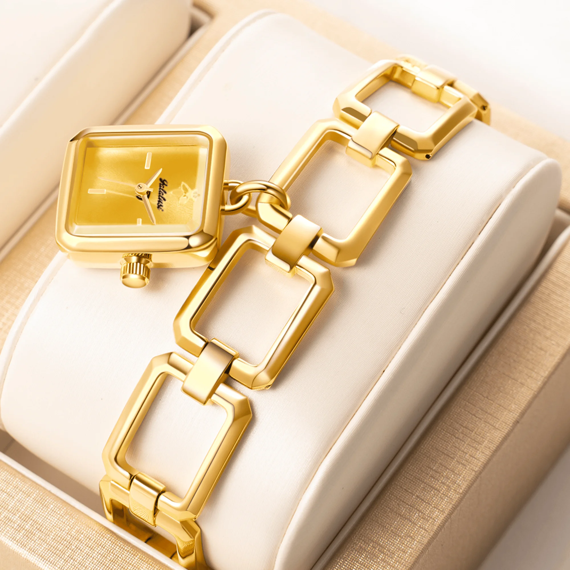 YaLaLuSi Hollow Square Link Gold Women Bracelet Watch Mini Square Gold Dial Minimal Office Daily Ladies Quartz Watch