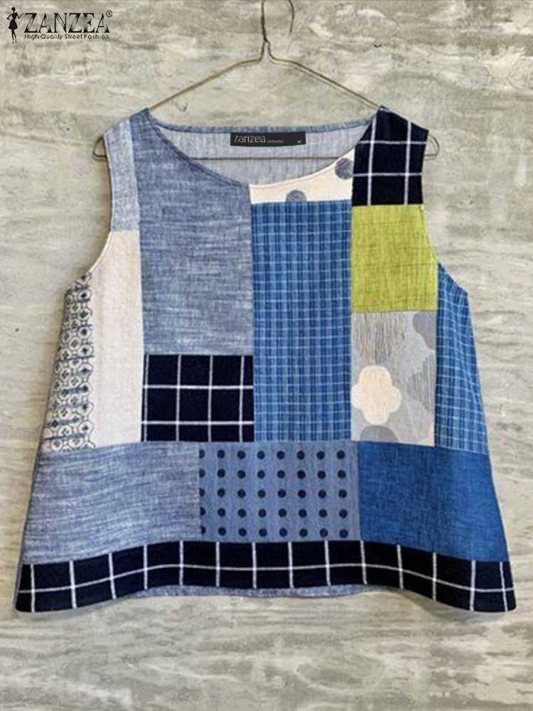 

ZANZEA Women's Casual Striped Checked Tanks Summer New Round Neck Sleeveless Tops Stylish Woman Clothes Everyday Wear S-3XL