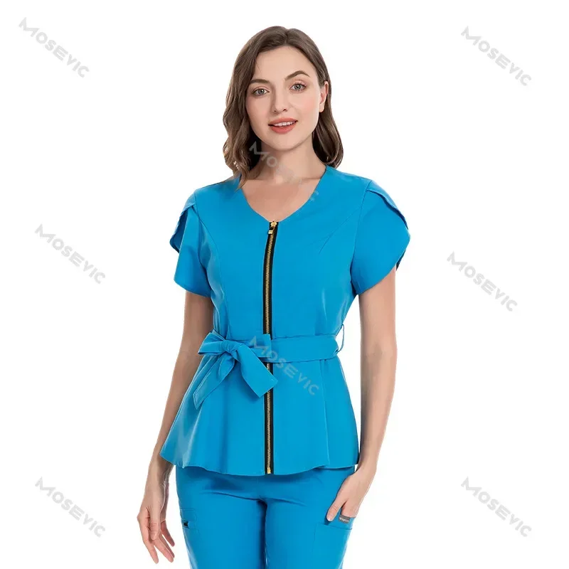 Nurses Uniform Workwear Scrubs Tops+pants Suit Solid Color Nurse Uniform Short Sleeved Pocket Blouse Pharmacy Dentistry Workwear