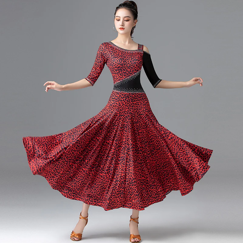 

Ballroom Dance Dress Women Performance Costume Modern Dance Wear Red Leopard Print Tango Dacing Waltz Dance Dresses DL8897