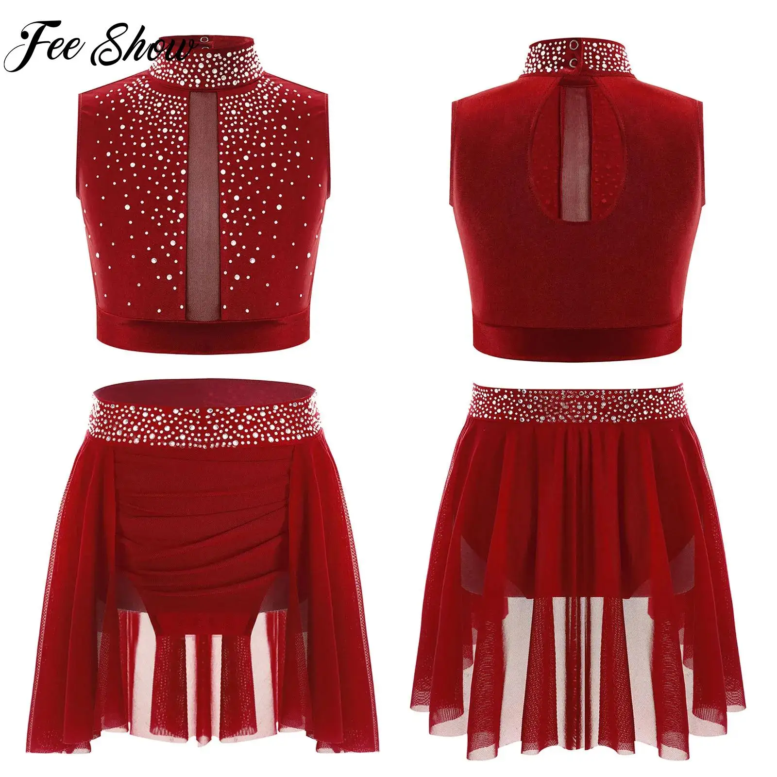 

Kids Girls Modern Lyrical Dance Set Sleeveless Crop Top with Skirt Rhinestones Skating Ballet Gymnastics Performance Dancewear