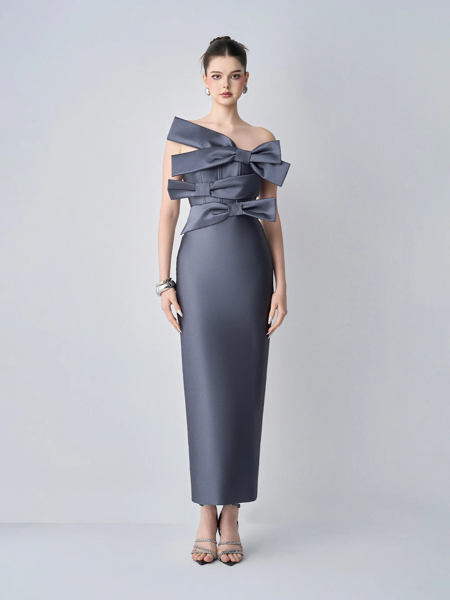 Elegant Dark Grey Satin Maxi Party Dress Ankle Length Long Mermaid Casual Dresses Strapless With Bow Evening Dresses Office Lady