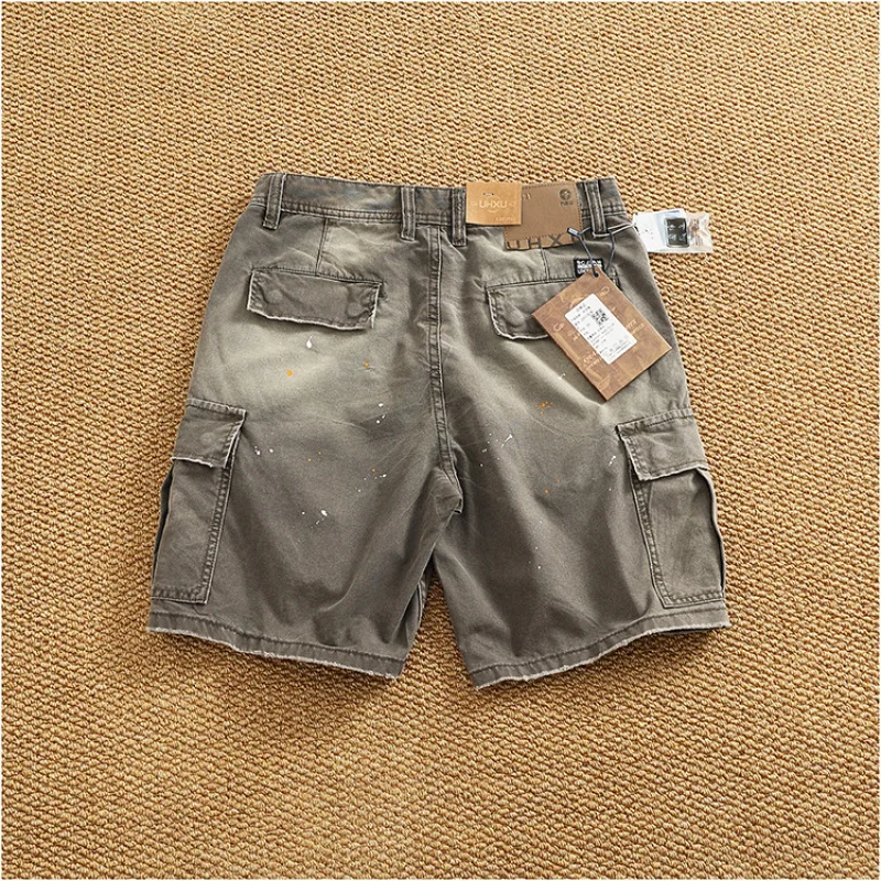 

2025 summer new high-end woven workwear shorts for men, splashed ink multi pocket retro denim five quarter pants