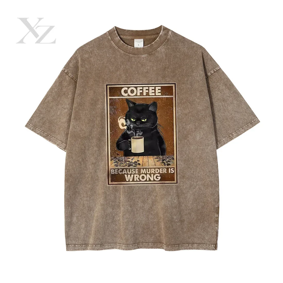 Because Murder Is Wrong Black Cat Drink Coffee Men Oversized T-Shirt Y2K Street Breathable Cotton Streetwear