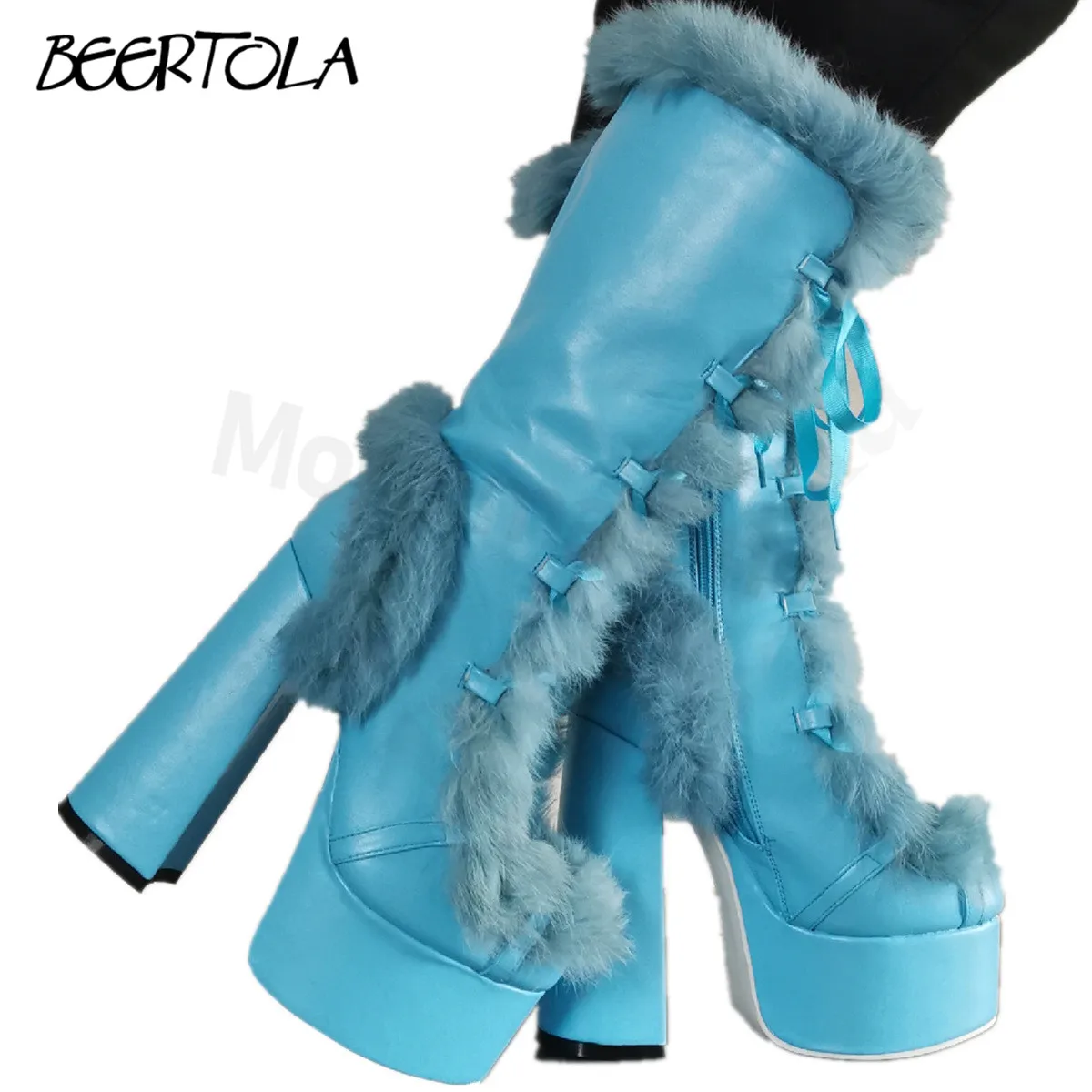 Women's Sexy Y2K Thick Heel Fluffy Mid-Tube Boots Large Size High Water Platform High Heel Ankle Boots Fashion Lace Up Boots