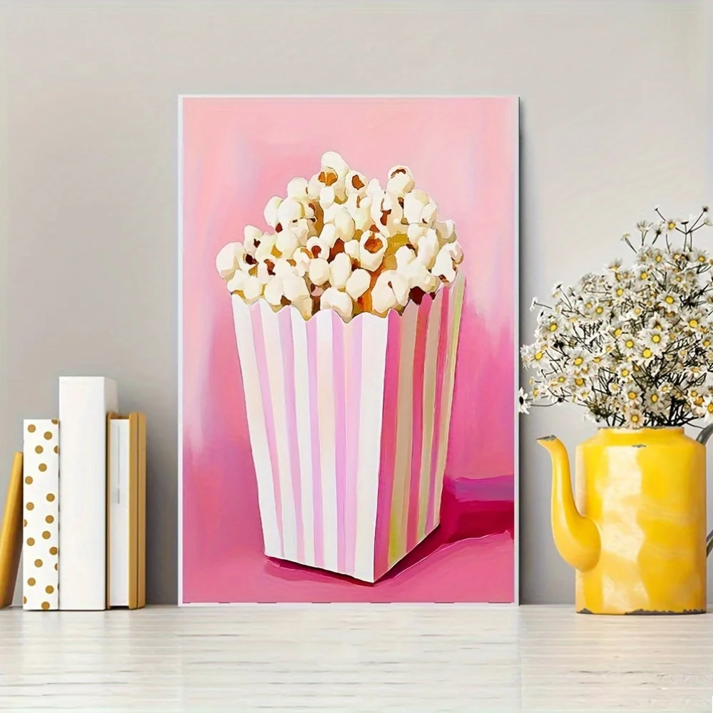 1pc Vintage Popcorn & Pink Box Canvas Art Print with 2D Wooden Frame – Retro Style Wall Decor, Ready to Hang, Perfect Holiday