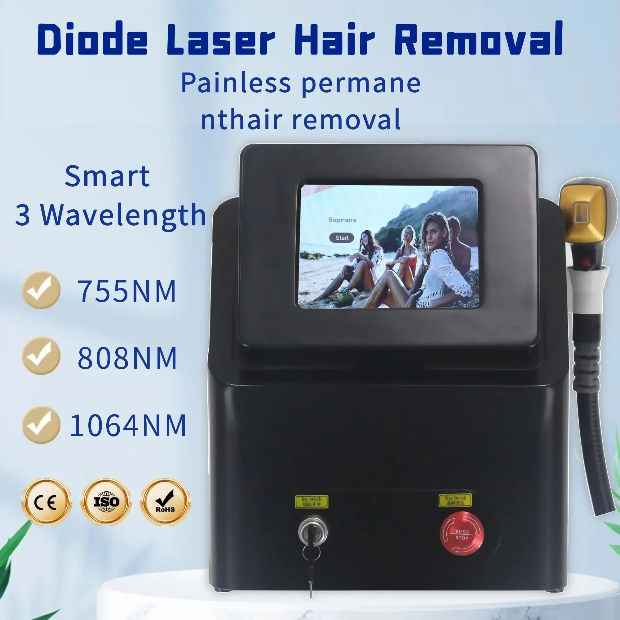

Super high power Diode Laser 755 808 1064nm Multi Wavelengths Hair Removal Machine Cooling Head Painless Laser Epilator
