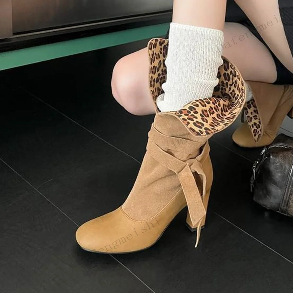 Camel Suede Women Mid Calf Boots Round Toe Block Heel Fold Over Leopard Print Inner Bow Decor Casual Fashion Winter Boots