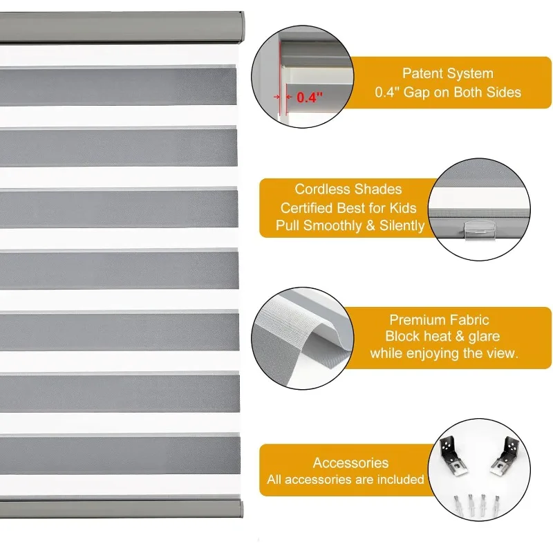 Persilux Akku-Zebra-Jalousien, Fenster, freistehende Fensterjalousien (30 Zoll B x 72 Zoll H, Grau), zweilagige Lichtsteuerung, Zuhause, einfach zu installieren