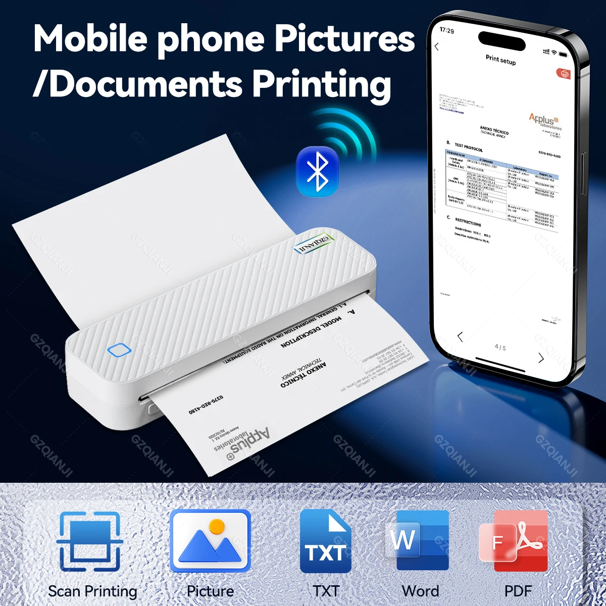 Impresora térmica portátil A4 sin tinta, máquina de impresión de documentos de palabras, Bluetooth, PDF, Excel, rollo de papel para oficina,