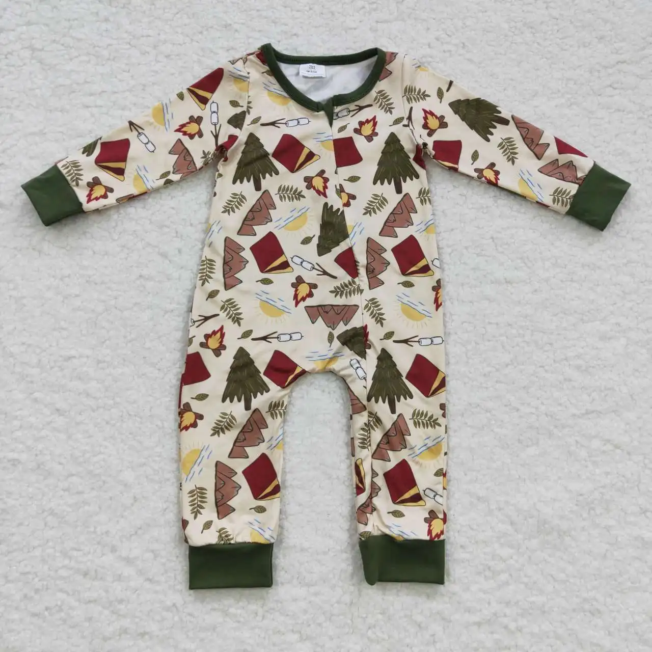 Fashionable RTS Camping Newborn Zipper Bodysuits Toddler Green Rompers Newborn Onesie Clothing