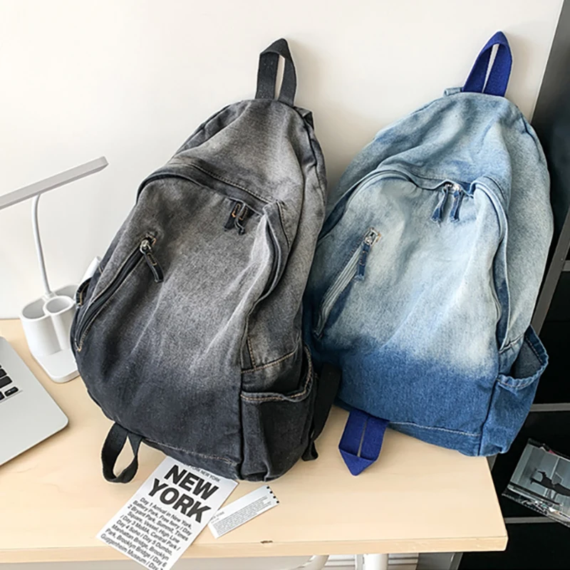 NamcheBarwa Women's Backpacks Student Schoolbags Large-Capacity Washed Denim Bags Fashion New Simple and Trendy Backpack Couple