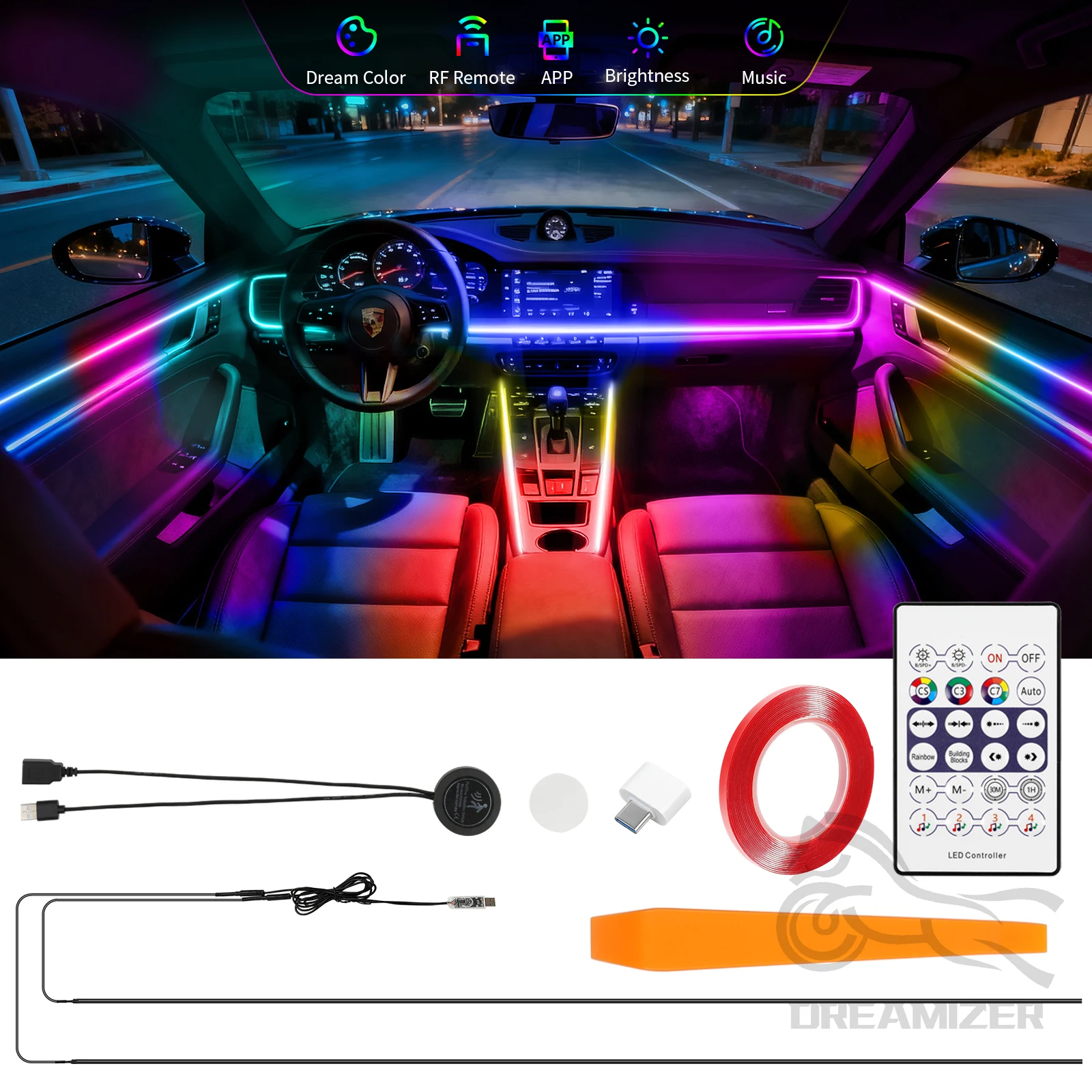 

Светодиодные ленты для интерьера автомобиля с динамической подсветкой Dreamcolor, комплекты для создания атмосферного освещения, синхронизация с музыкой, беспроводное управление через приложение.