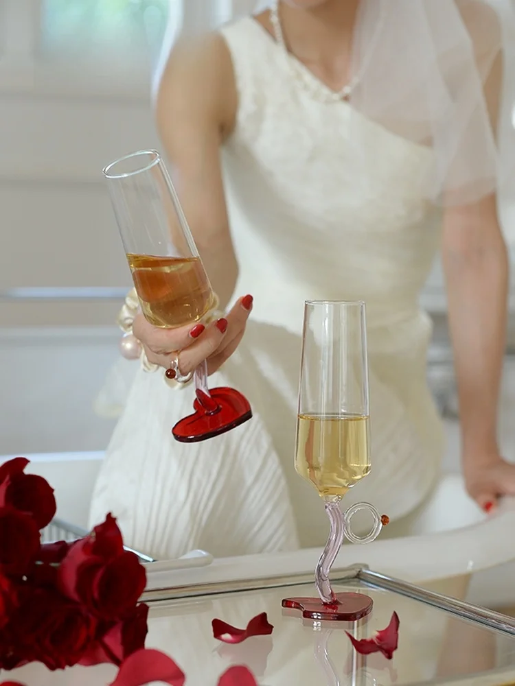 

Cupid Couple Rings Set of Two Glass Highball Champagne Glasses Heart aped Wedding Celebration Vntine's Day Gift