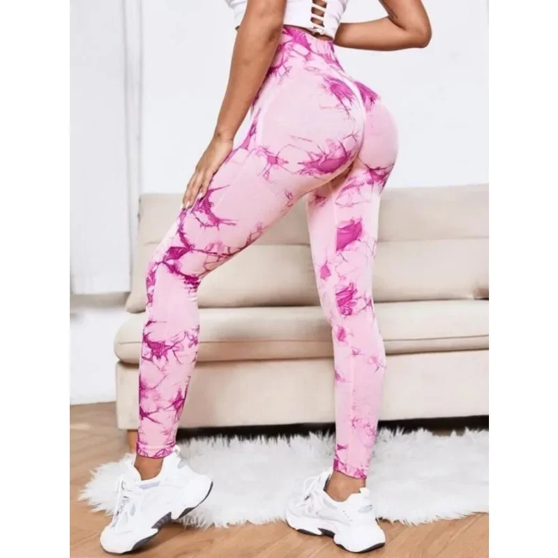 Legginsy damskie z wysokim stanem, bezszwowe, tie-dye, do fitnessu, sportu, biegania, jogi, modelujące pośladki, elastyczne, dzianinowe rajstopy.