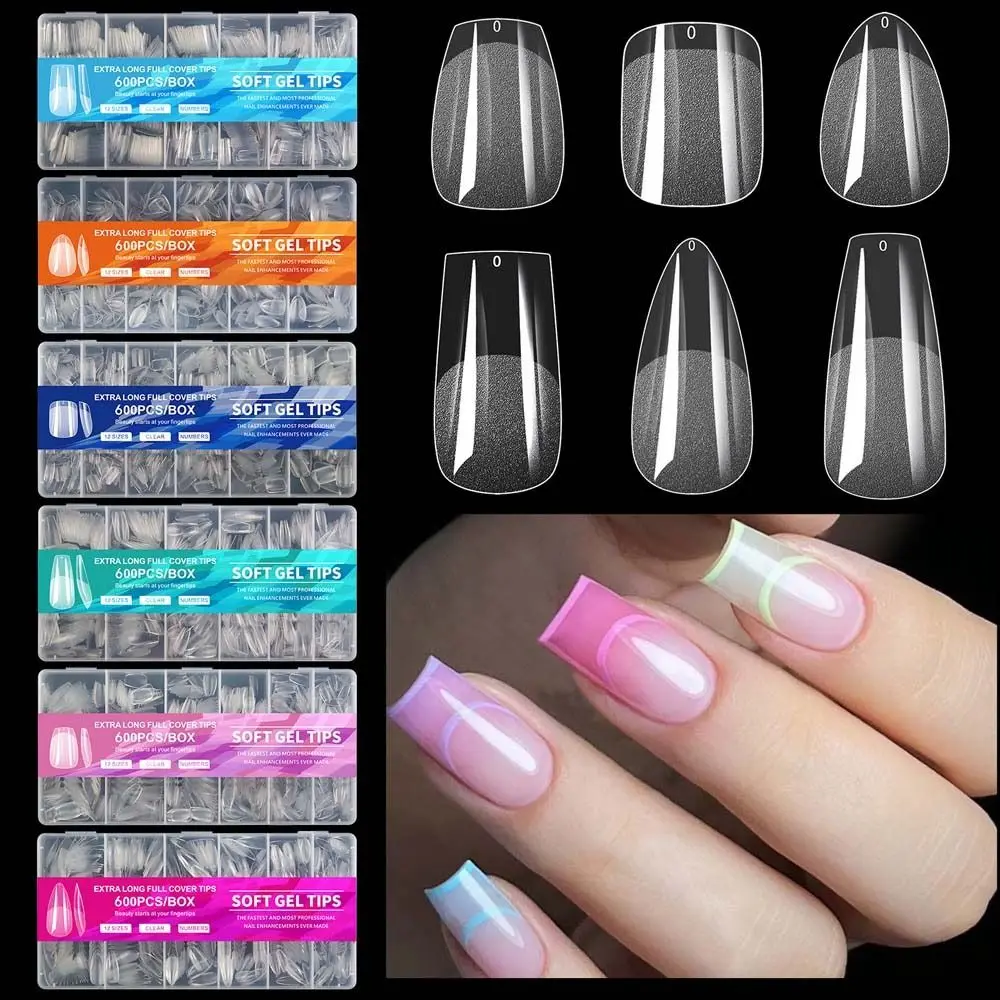 600 Stks/set Waterdichte Franse Valse Nagels Nagelaccessoires Manicure Materiaal Volledige Dekking Nep Nagels Lange Doodskist