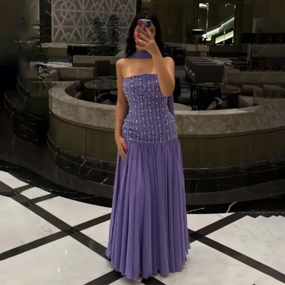 

High Quality Customized Strapless Floor Length Beaded Women Dress Robe De Cérémonie Femmes Elegant Dress Women for Wedding Party