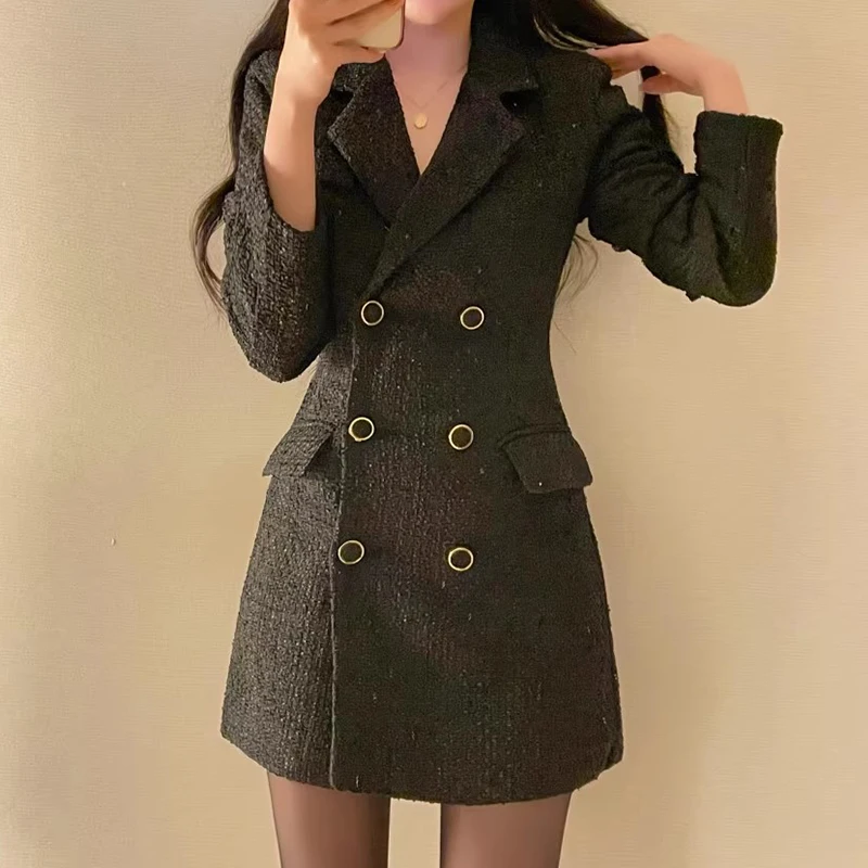 Bouble-Breasted Women Long Tweed Suit Dress Coat Long Sleeve Winter 2024 New Elegant Fashion Vintage Lady Jacket