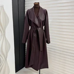 New Women PU Leather Windbreaker Lapel Solid Color Belt Mid Length Trench Coat Vintage Cool Streetwear Clothes