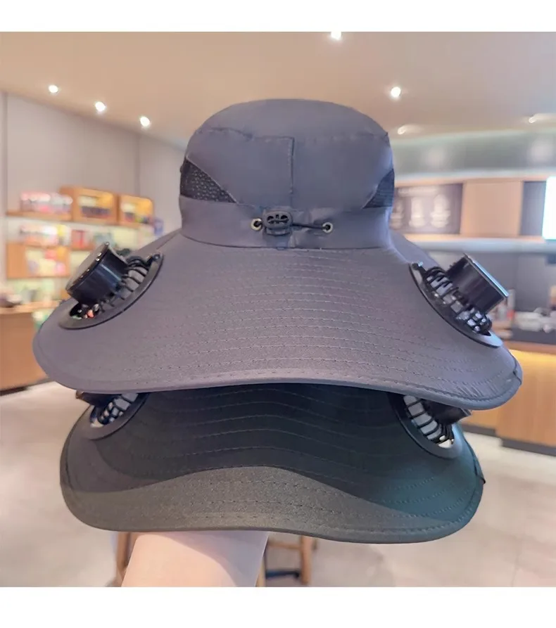 2025 جديد واسعة حافة الشمسية مروحة قبعة في الهواء الطلق قبعة الشمس مع 2 مروحة للطاقة الشمسية قبعة الصيد القابلة للإزالة و USB شحن مروحة دلو قبعة للشاطئ #4