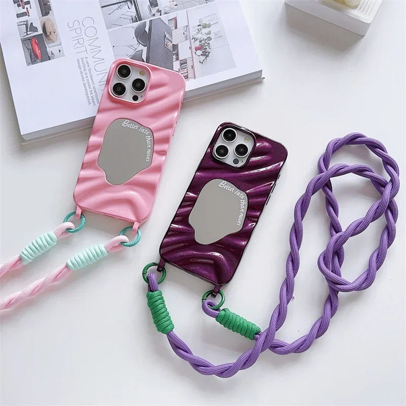 Mirror 3D Wave Crossbody Lanyard Case For iphone 16 15 14 11 12 13 Pro Max X XS XR SE 2 3 8 7 6S 6 Plus Silicone Soft Cover