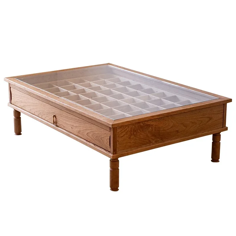 

Solid wood Duobao grid glass coffee table living room tea table American retro creative designer log storage furniture