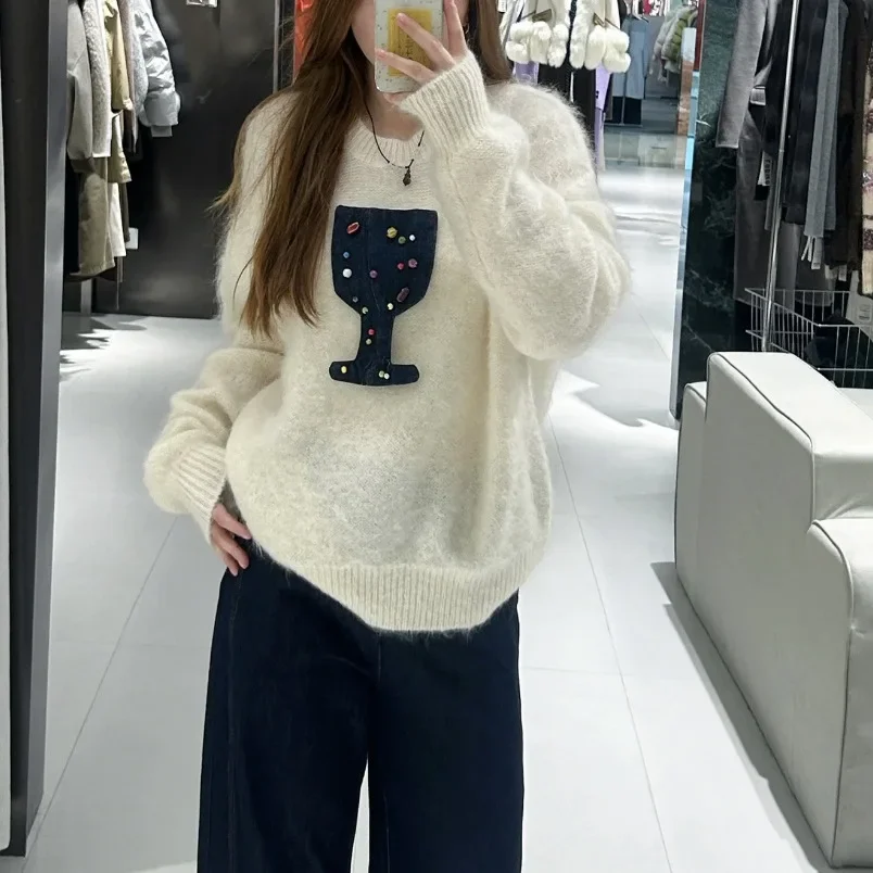 Winter new casual fashion denim wine glass decorative loose knitted sweater women's sweater 046