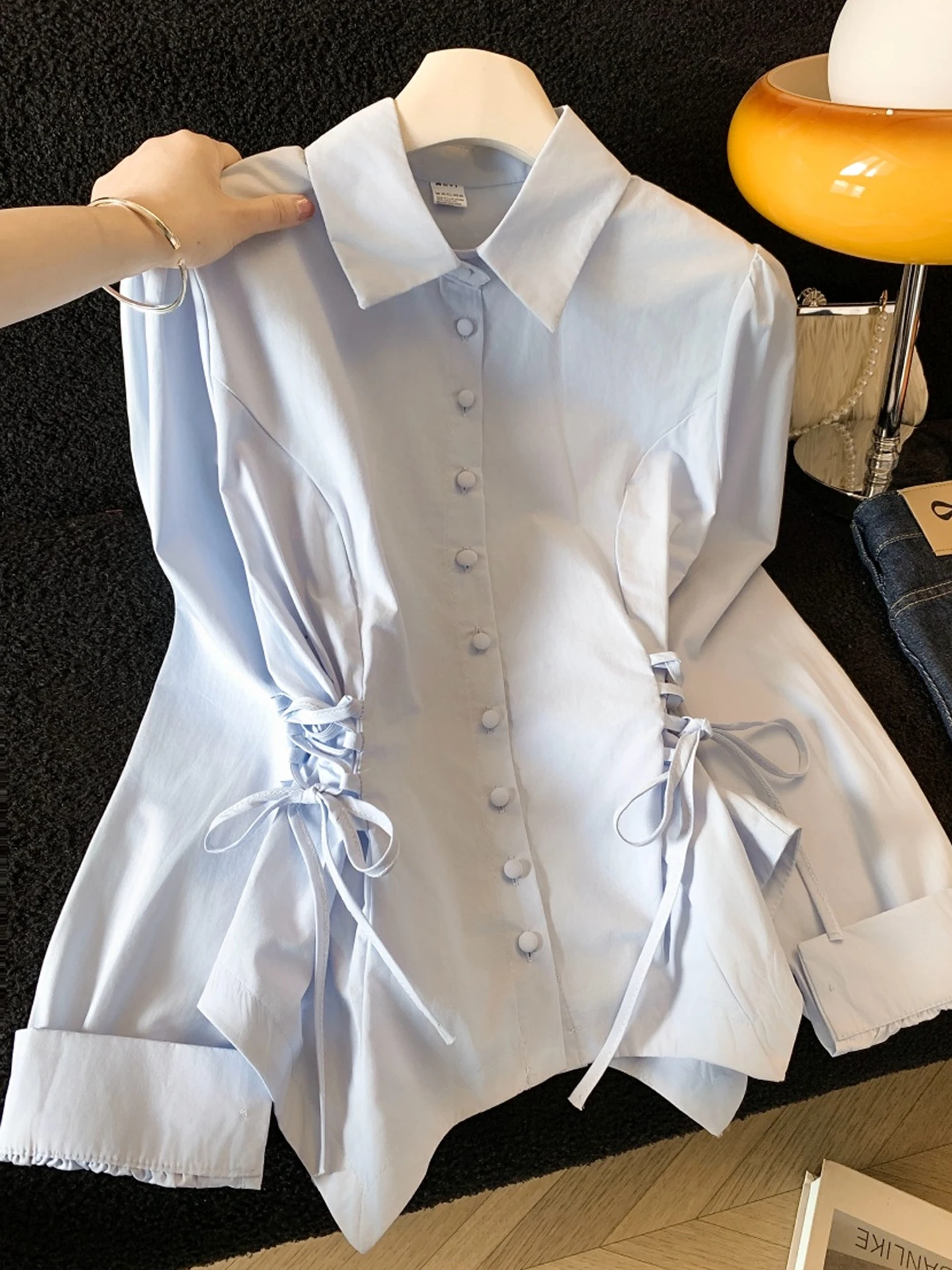 

Women's Drawstring Waist Shirt Spring Fashion High Waist Unique Good Looking Single Wear Cotton Long Sleeve Button up