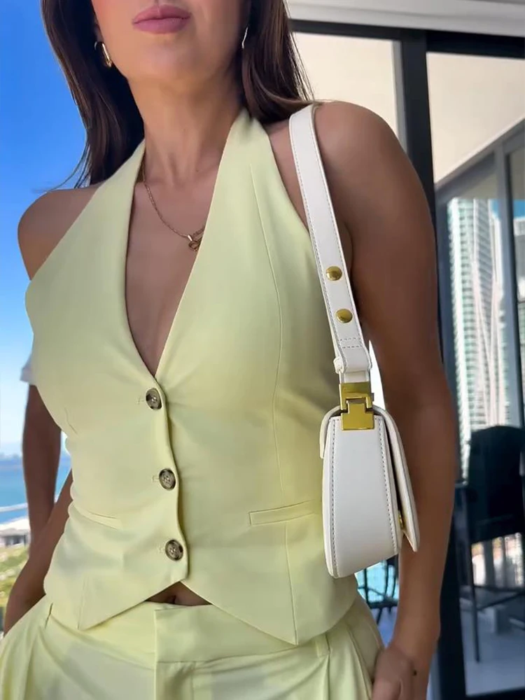 

Женский жилет, брючный костюм, лимонно-желтый комплект из 2 предметов, однобортный жилет без рукавов с v-образным вырезом, длинные брюки, уличный женский наряд