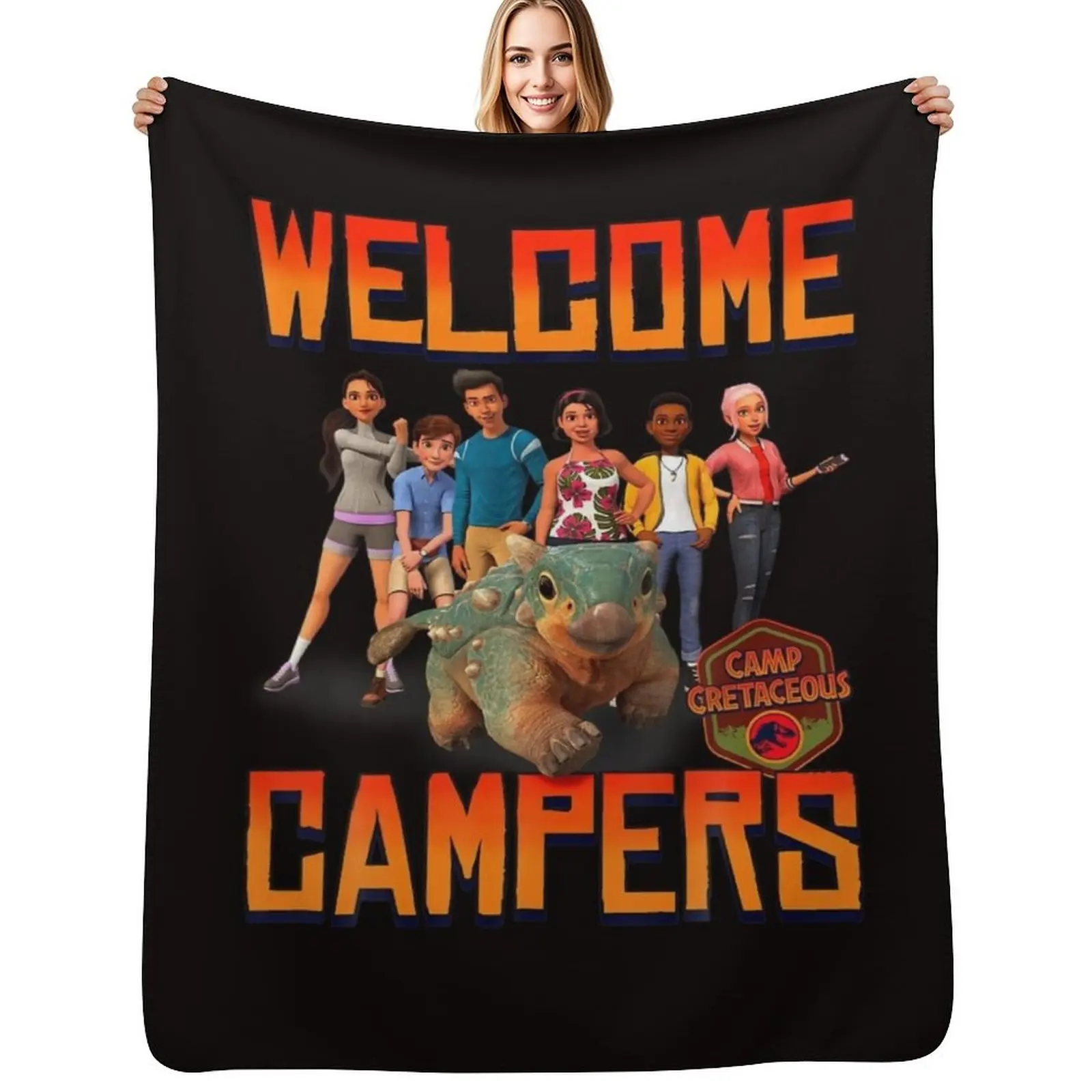 Jurassic World Camp Cretaceous Welcome Campers Group - Manta acogedora con diseño de camiseta, regalo de cumpleaños para él y ella