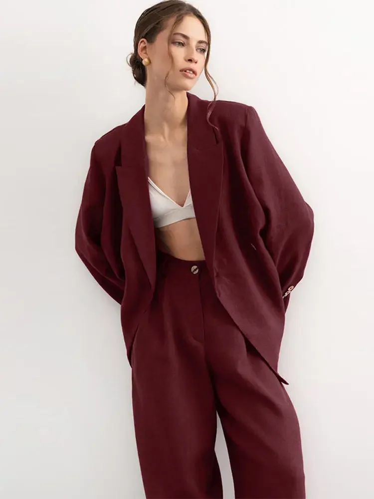 

Vintage Women Coat Pants Set Turn-down Collar Loose Blazer Wide Leg Trousers Female Sets 2025 Summer Autumn Office Lady Suit