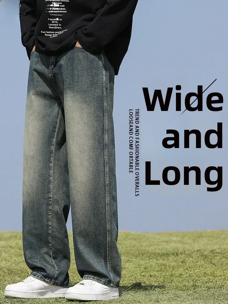 

Модные американские ретро джинсы с длинной талией и широкими штанинами, свободные мужские джинсы прямого кроя, подростковые износостойкие из смеси хлопка и полиэстера