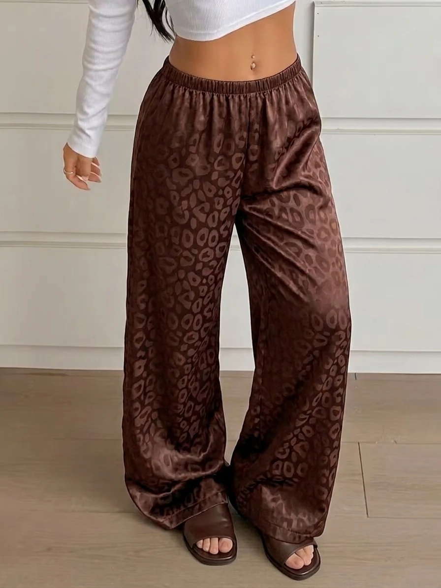 2026 Women Brown Satin Leopard Print Pajamas Pants Elastic Waist Loose Trousers Vintage Casual Pants Leisure Home Clothing