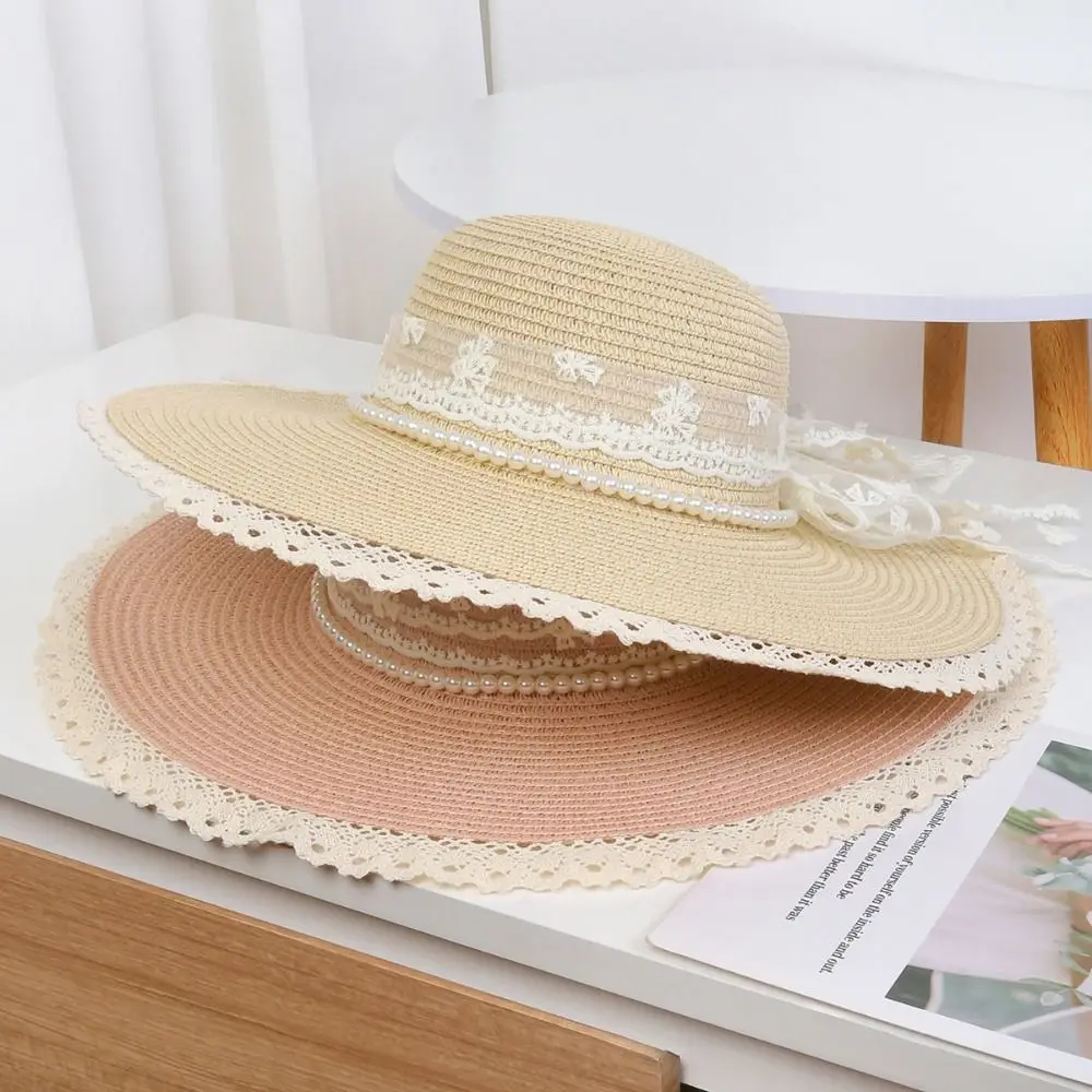 

Sweet Elegant Wide Brim Straw Hat Pearl Chain Korean Style Weave Bucket Hat Comfortable To Wear Breathable Beach Hat Girls