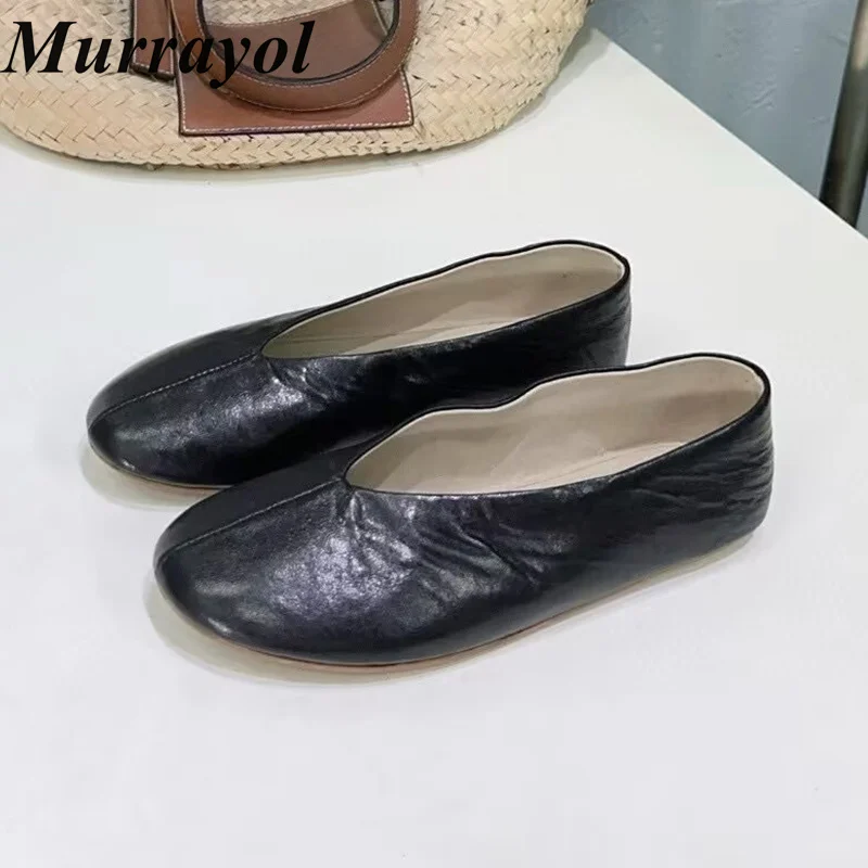 Round Toe Shallow Mouth Flat Shoes Women's Genuine Leather Lazy Loafers Ladies Four Seasons Office Commuting Shoes Driving Shoes