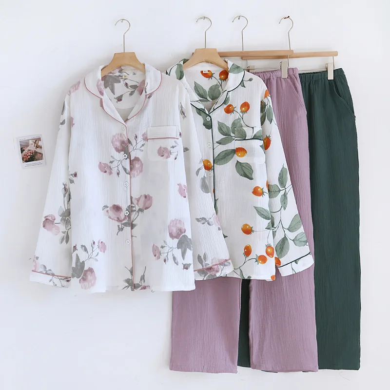 Women Contrast Colored Pajamas Set 2024 New Cotton Crepe Long-Sleeved Trousers Ladies Sleepwear Suit Female Cozy Home Clothing