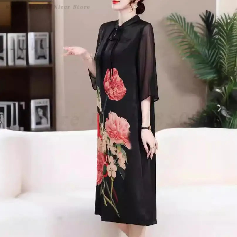 Summer Retro Improved Cheongsam Printed New Chinese Style Dress Elegant Gentle Qipao Women's Plus Size 4XL 5XL A-Line Vestidos