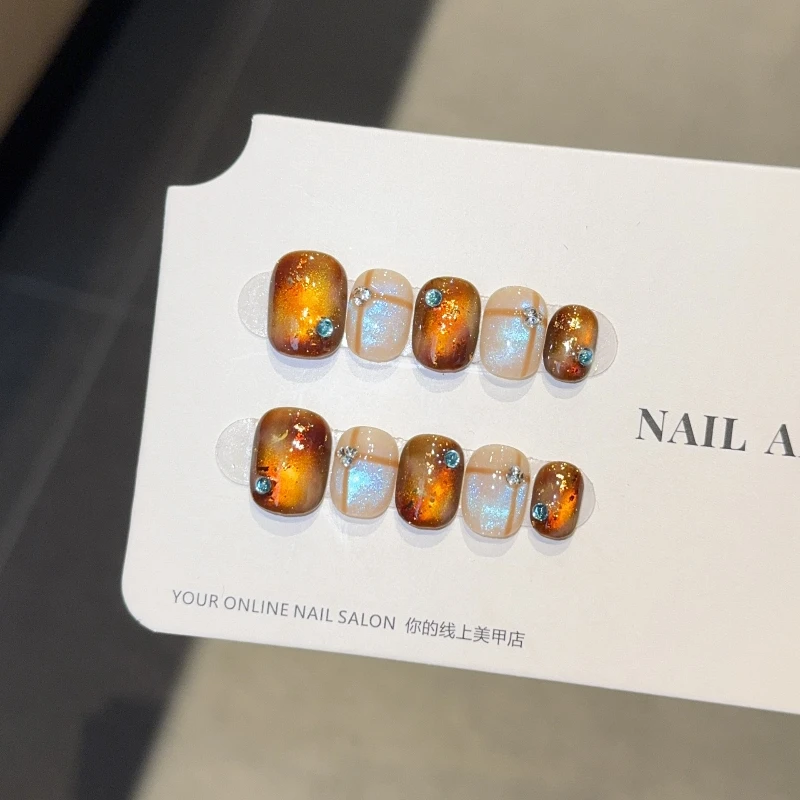 

10 шт., дизайн ногтей ручной работы, осенний карамельный градиент, сладкий острый стиль Instagram, пресс-накладные ногти, идеально подходящие для подарка девочкам и друзей