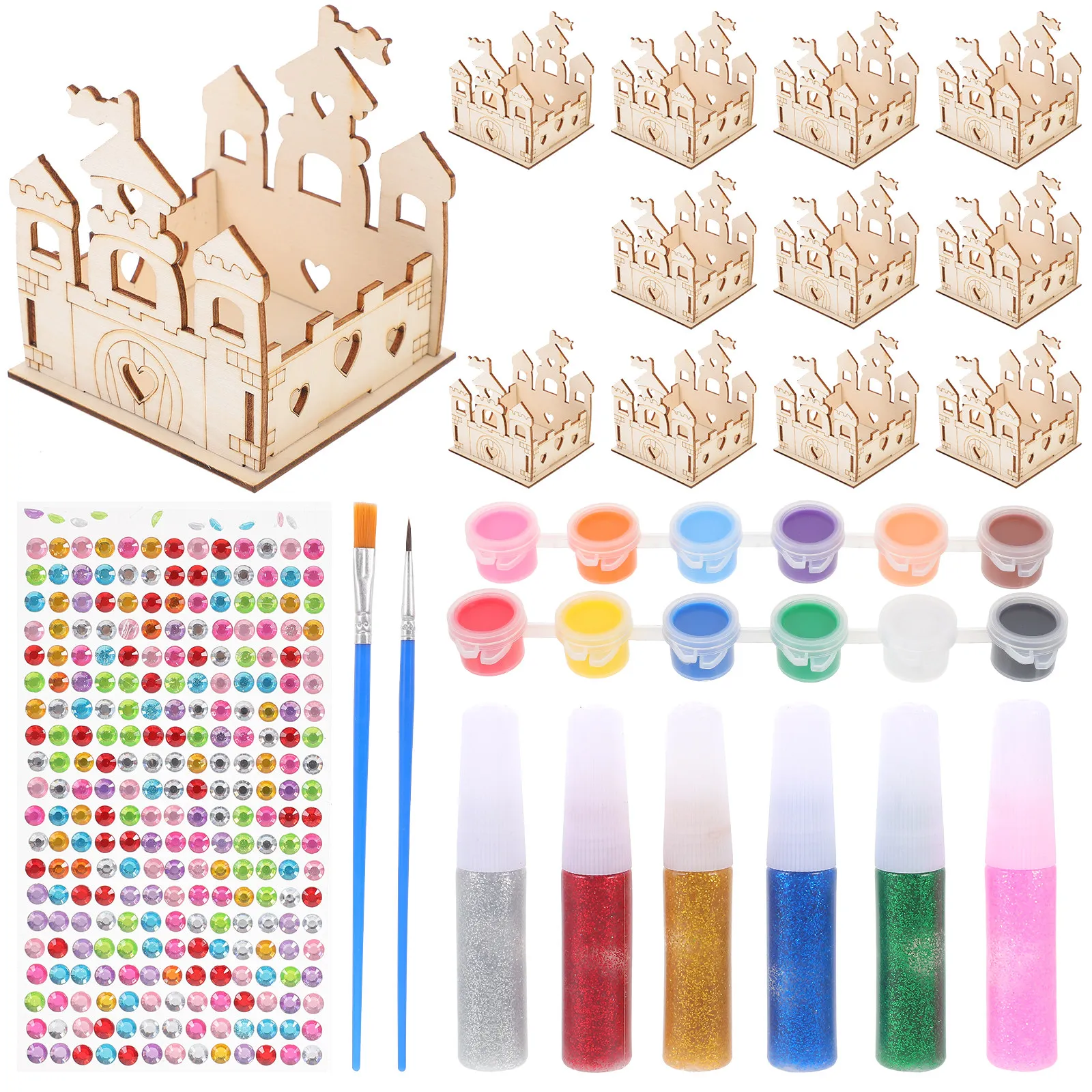 

1Set DIY Castle Craft Kit Made of Natural Wood Unpainted Wooden Construction Set for Kids Coloring Painting Stickers Long Term