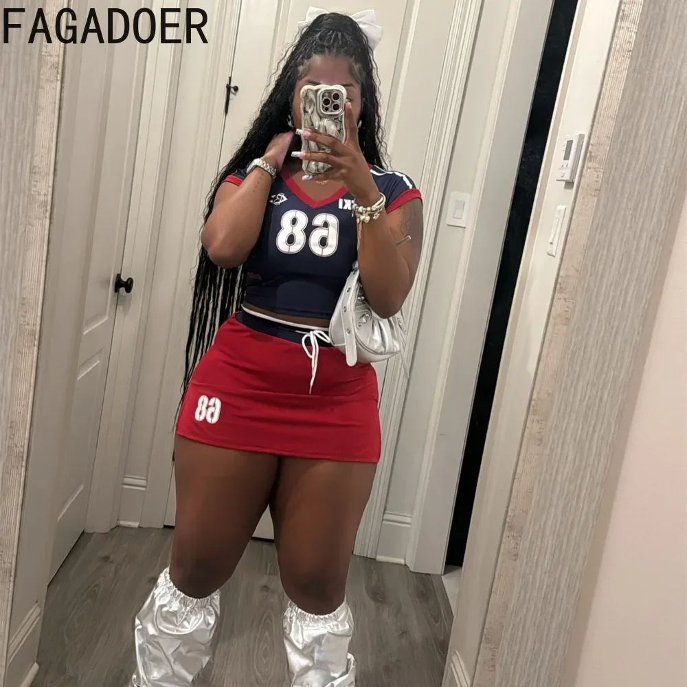 FAGADOER Y2K Letter Print 2 Piece Sets Women Outfit Fashion V Neck Crop Tops And Drawstring High Waist Skirt Hot Girl Streetwear