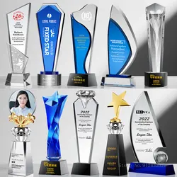 Customized Creative Crystal Trophy, High Honor Souvenir, Excellent Employee Enterprise Competition Awards, Blue, Home Decor, 1Pc