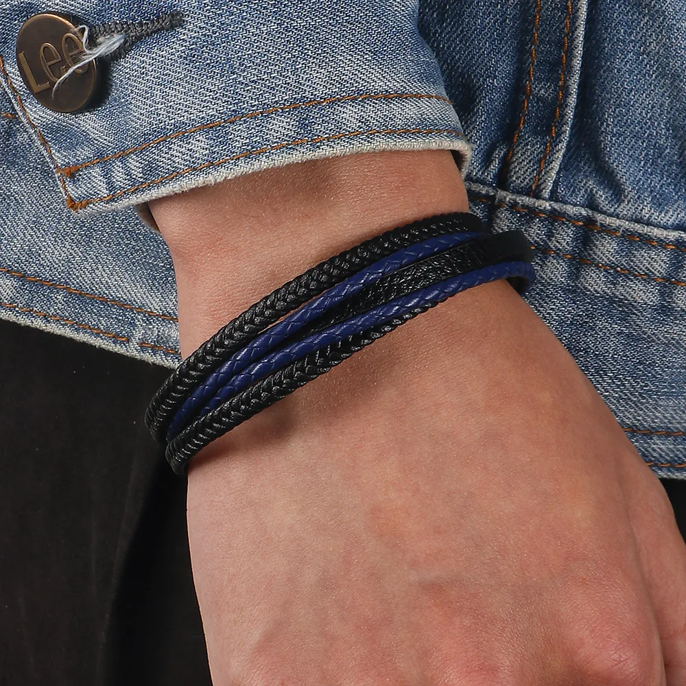 Men Leather Rope Braided Bracelet Hot Sales Alloy Magnetic Buckle Bracelet Fashion Jewelry Gift for Men