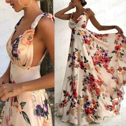 Pop Fashion Summer Women Boho Abito lungo maxi senza schienale senza maniche con scollo a V Abito a fiori Abiti da spiaggia per feste da sera Vestito estivo
