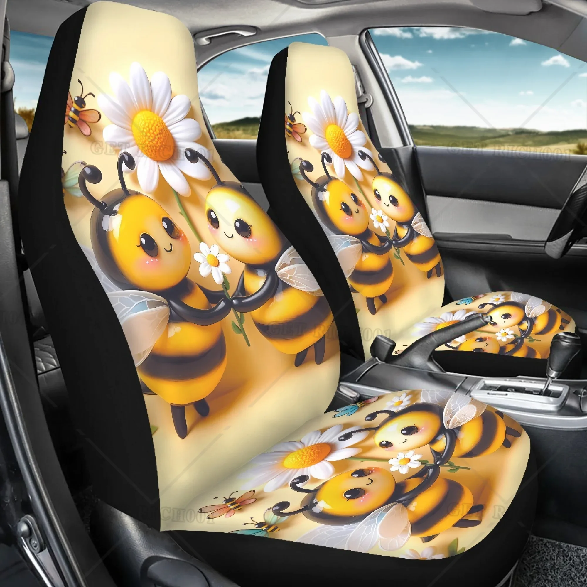 

2 fundas para asientos coche con estampado margaritas y abejas, protectores asiento cubo lantero para mujeres y hombres, lav