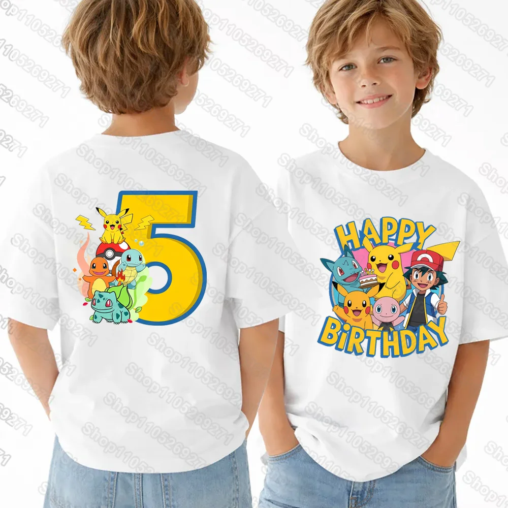 Camisetas de Pokémon Pikachu para niños, camiseta con estampado de número de cumpleaños 1-9, camisetas informales de verano de manga corta para niños y niñas, ropa para niños